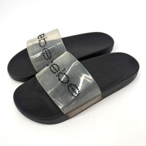 NWOT Bebe Dahlia Clear Size 9 Slides Sandals Black Spellout Large